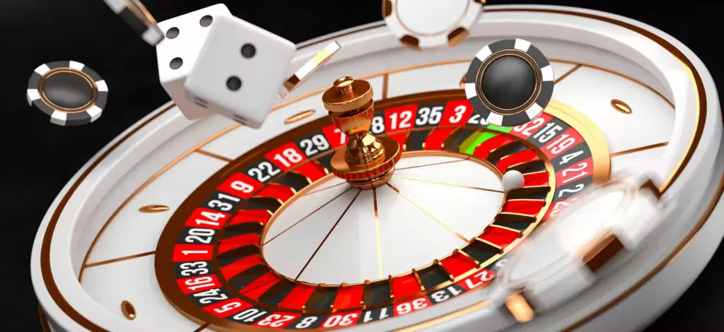 Luxurious casino set with a professional dealer and a spinning roulette wheel